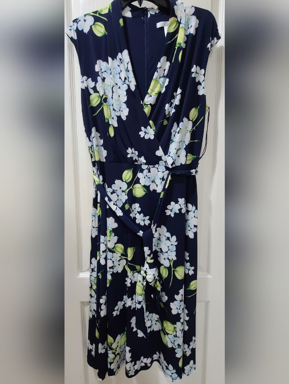 London Times Navy Blue Hydrangea Floral Surplice Wrap Midi Dress